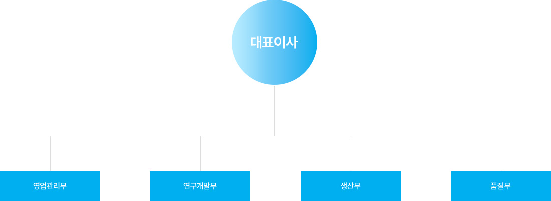 대표이사와 네 개의 부서(영업관리부, 연구개발부, 생산부, 품질부)로 구성된 조직도